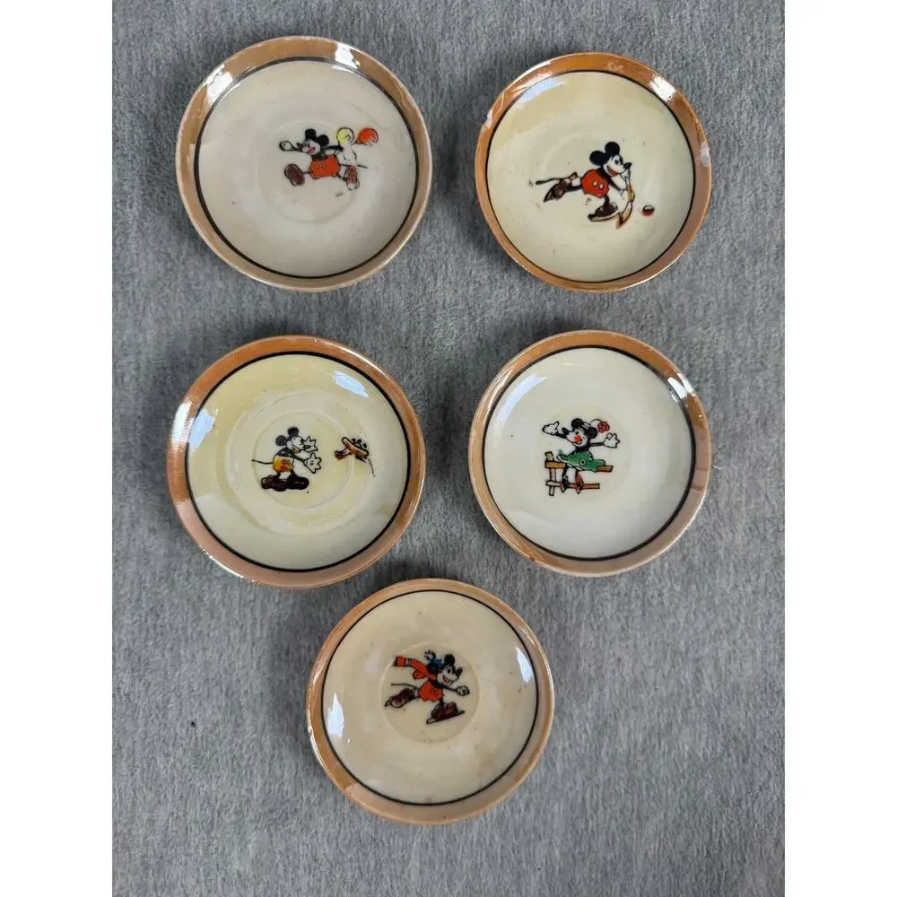 Vintage Lustreware Mickey Mouse Divided Plates for Child's Tea Set + Cups/Saucer